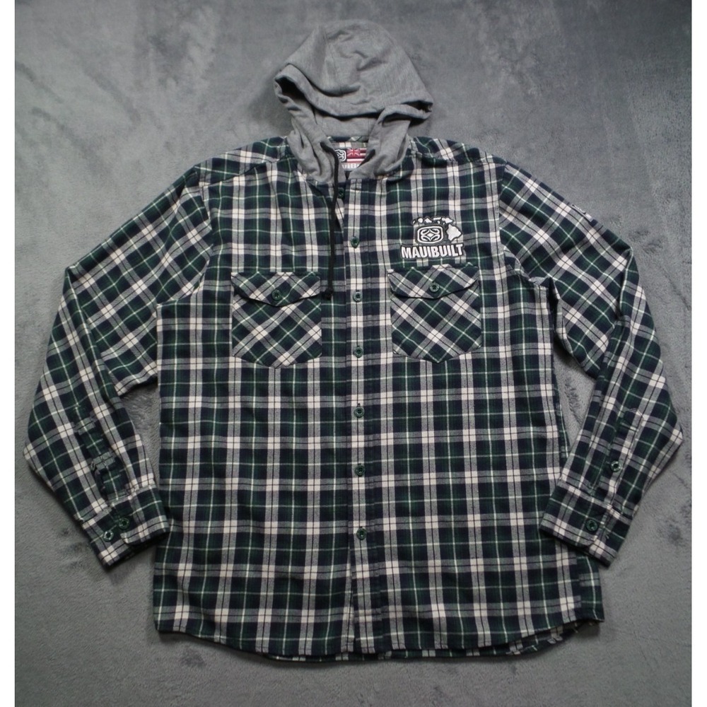 Maui Built Shirt Mens Size Large Green Plaid Button Up Hooded Flannel Pockets